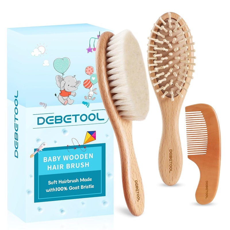 DEBETOOL Baby Hair Brush and Comb Set for Newborns & Toddlers - Wooden Baby Brush Set With Soft Goat Bristle and Toddler Comb, Ideal for Cradle Cap - Image 1